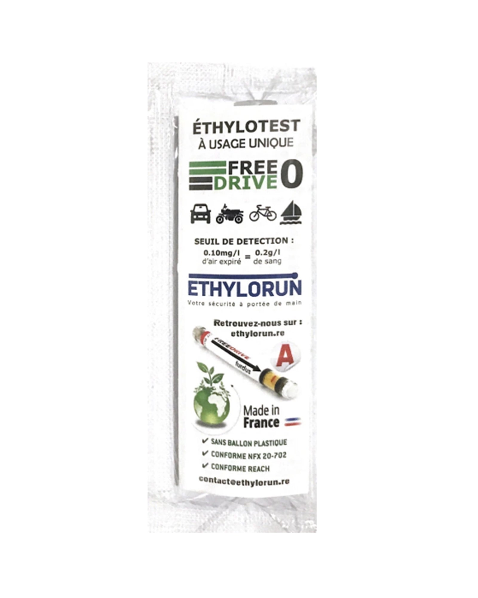 Ethylotest à usage unique sans ballon plastique seuil 0,2g/l