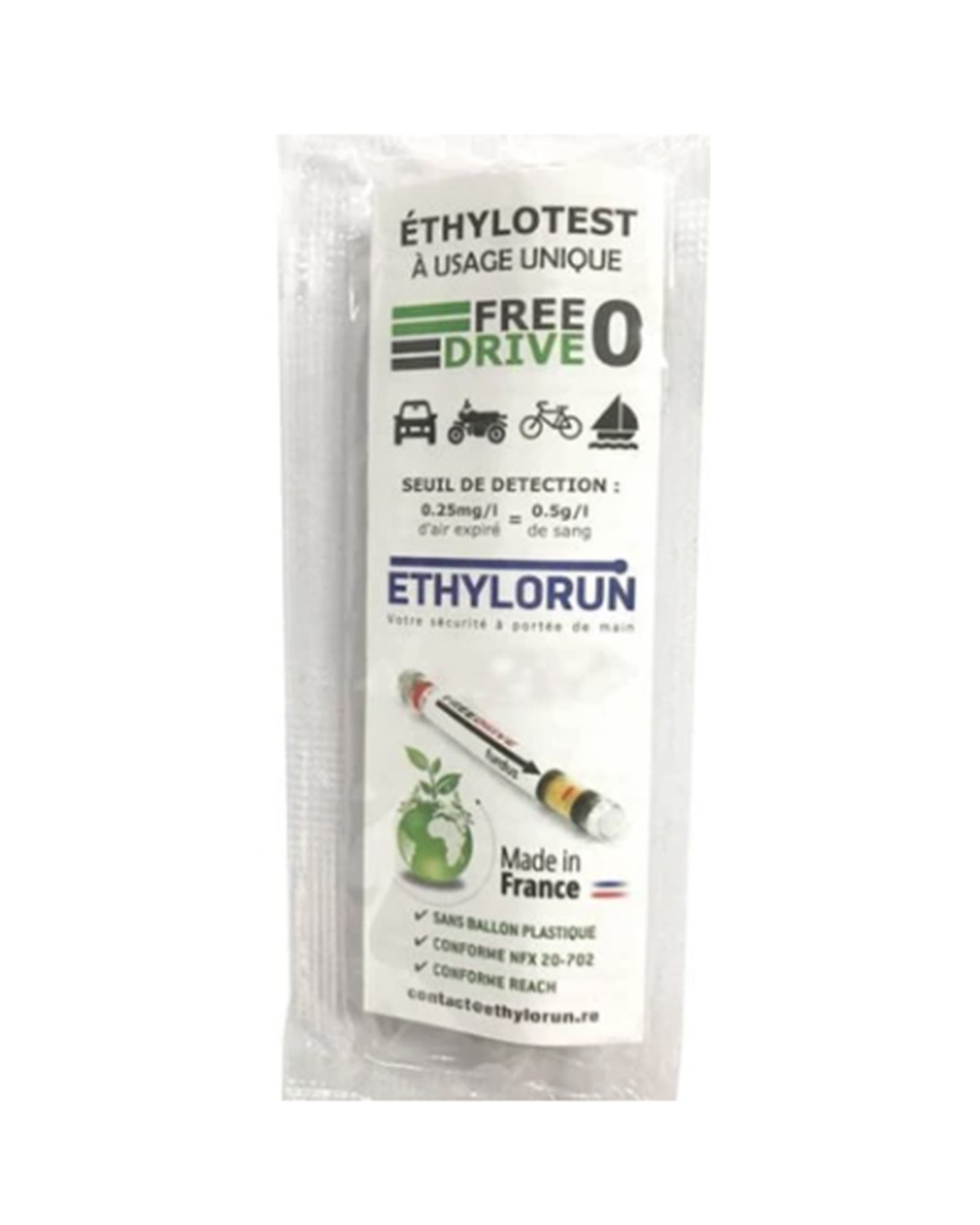 Ethylotest à usage unique sans ballon plastique seuil 0,5g/l